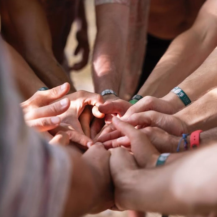 Mani di uomini che si stringono durante un cerchio di biotransenergetica